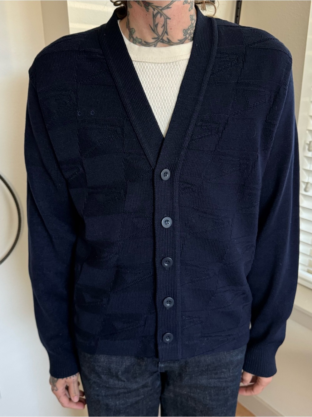 Vintage 90s USPS Postal Clerk Navy Blue Cardigan Abstract Geometric ~ Size Small